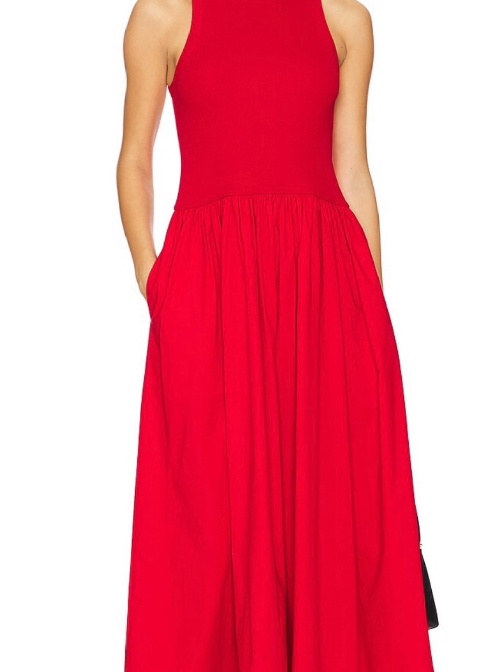 Sleeveless Red Maxi Dress with High Neck and Gathered Skirt